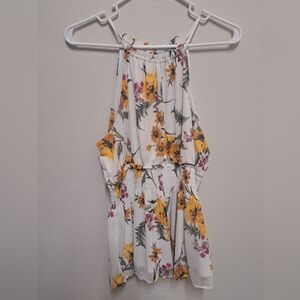 Express Floral Halter Peplum Top Women’s Size L White Sunflower Smocked Waist